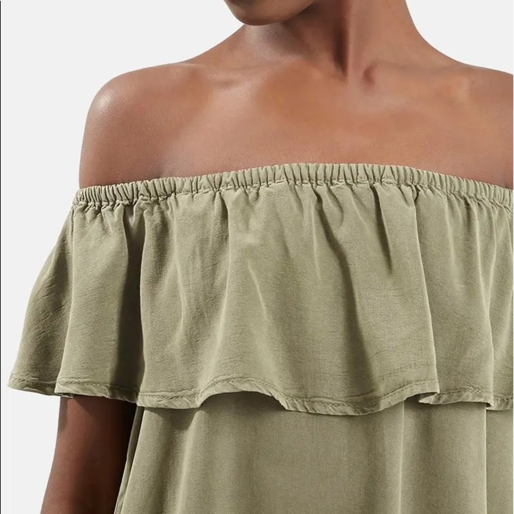 TopShop Olive Green Ruffled Off Shoulder Dress - Picture 5 of 8